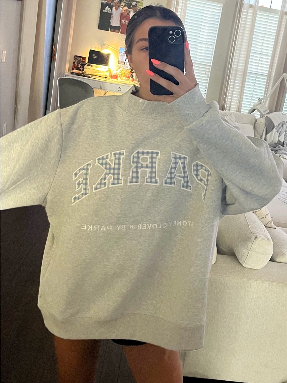 Stoney Clover Lane x Parker Blue Plaid Logo Sweatshirt XXL - Picture 2 of 4